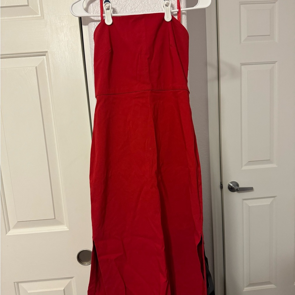 Express red strapless midi dress